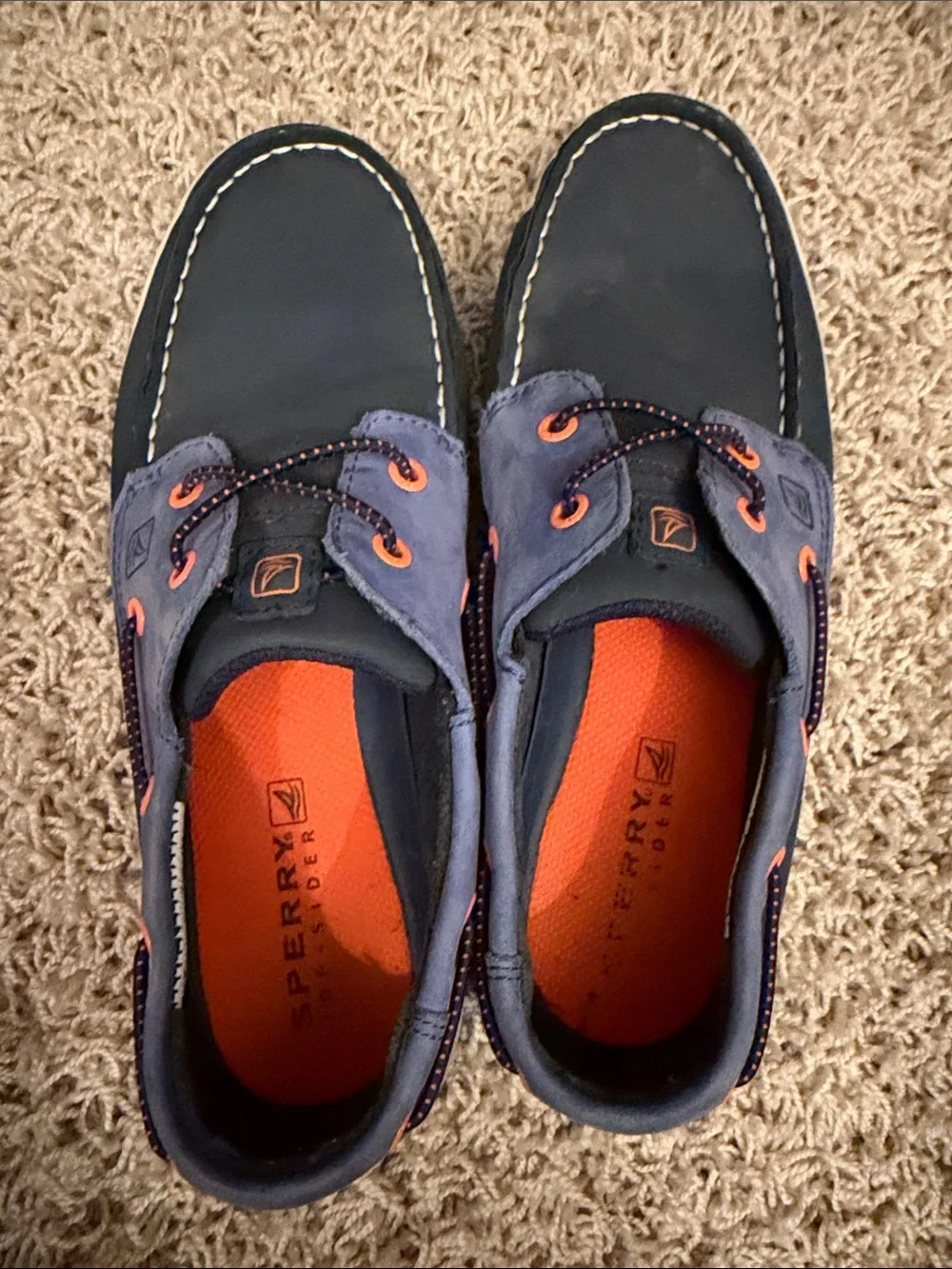 Sperry Navy and Light Blue Boat Shoes with Orange Details Big Kids Size 5